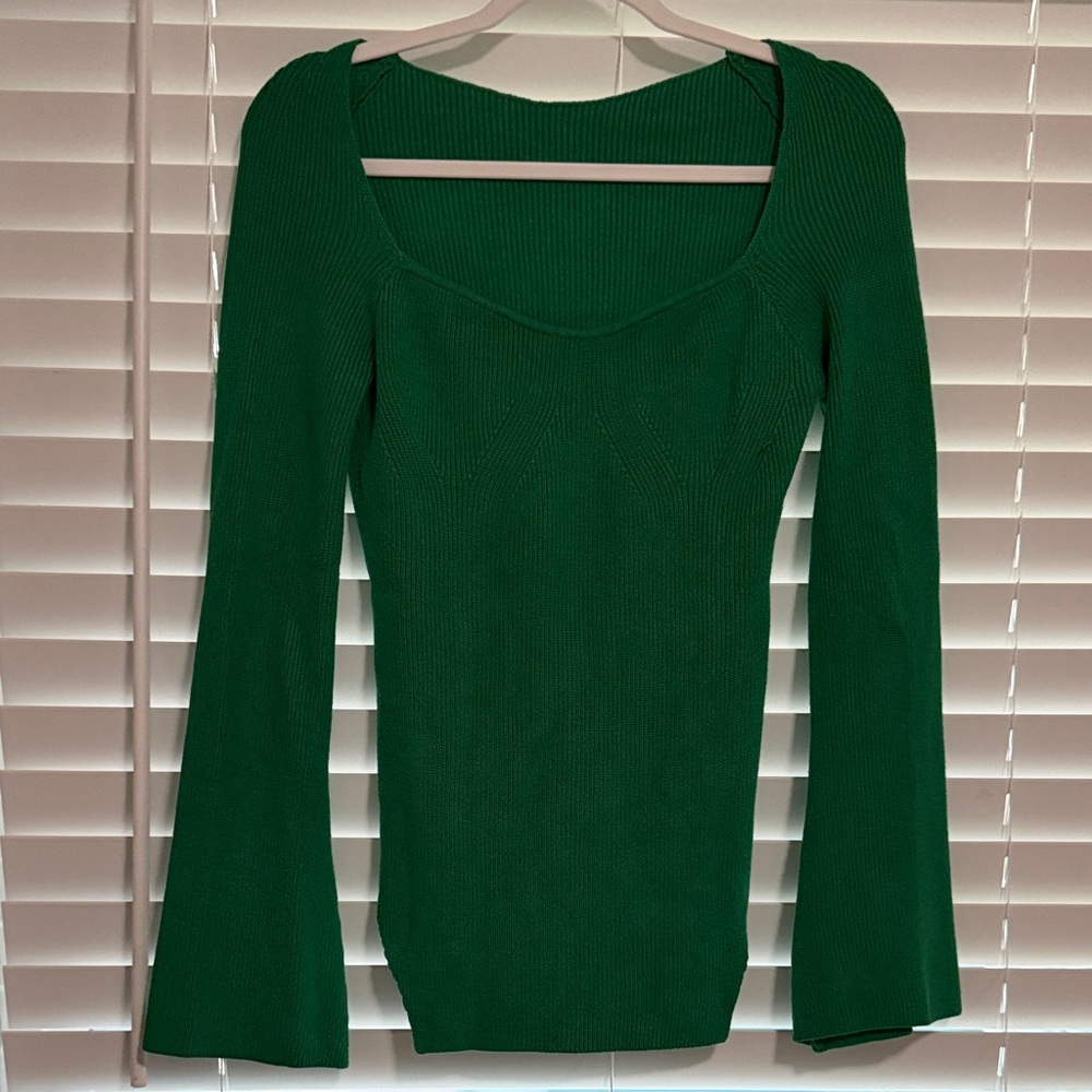 SHEIN Emerald Green Ribbed Scoop Neck Long Sleeve Top